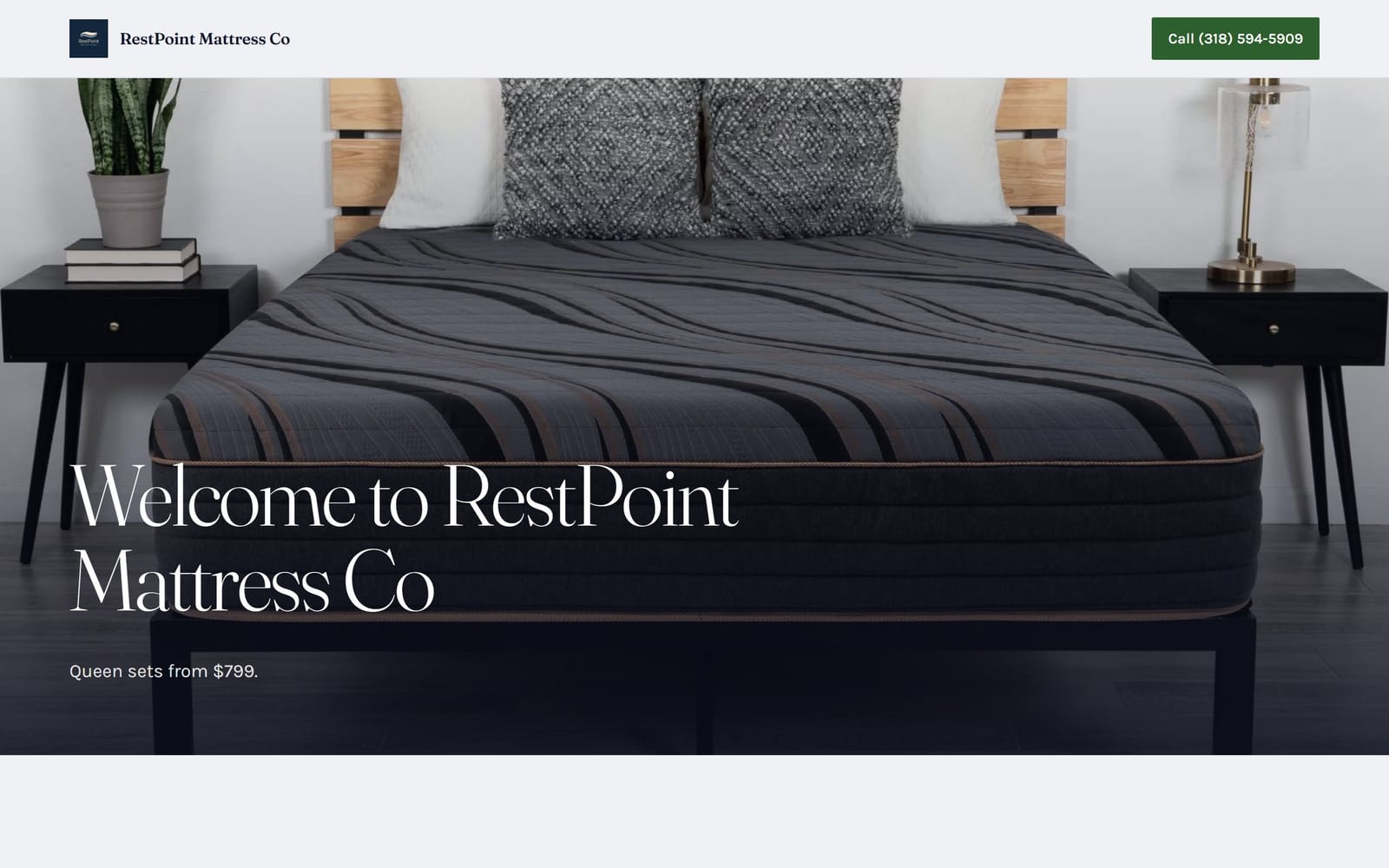 Home page of BedSync's demo store, RestPoint Mattress Co, a store website built on BedSync